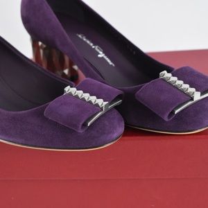 Salvatore Ferragamo Blackberry Suede Calf Bow Heels Pumps